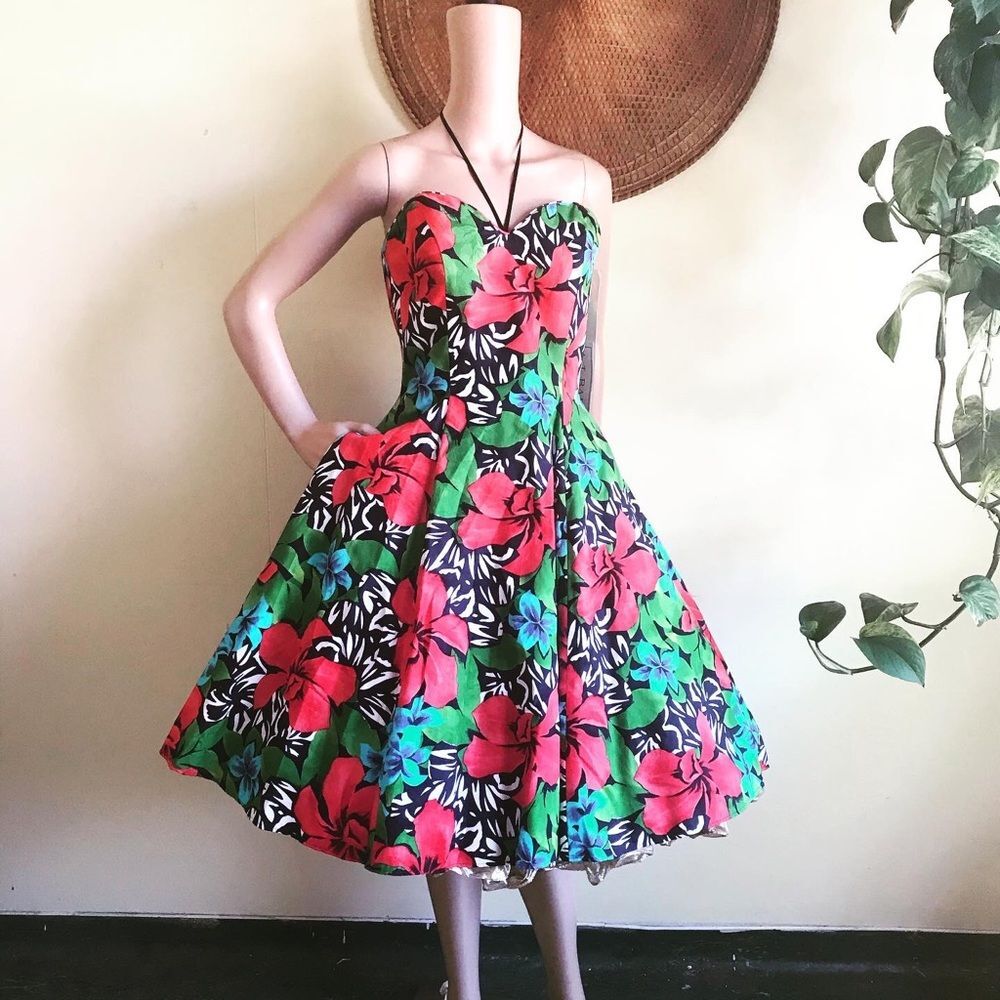 NWT 80’s AJ BARI Floral Hawaiian Sundress Dress M